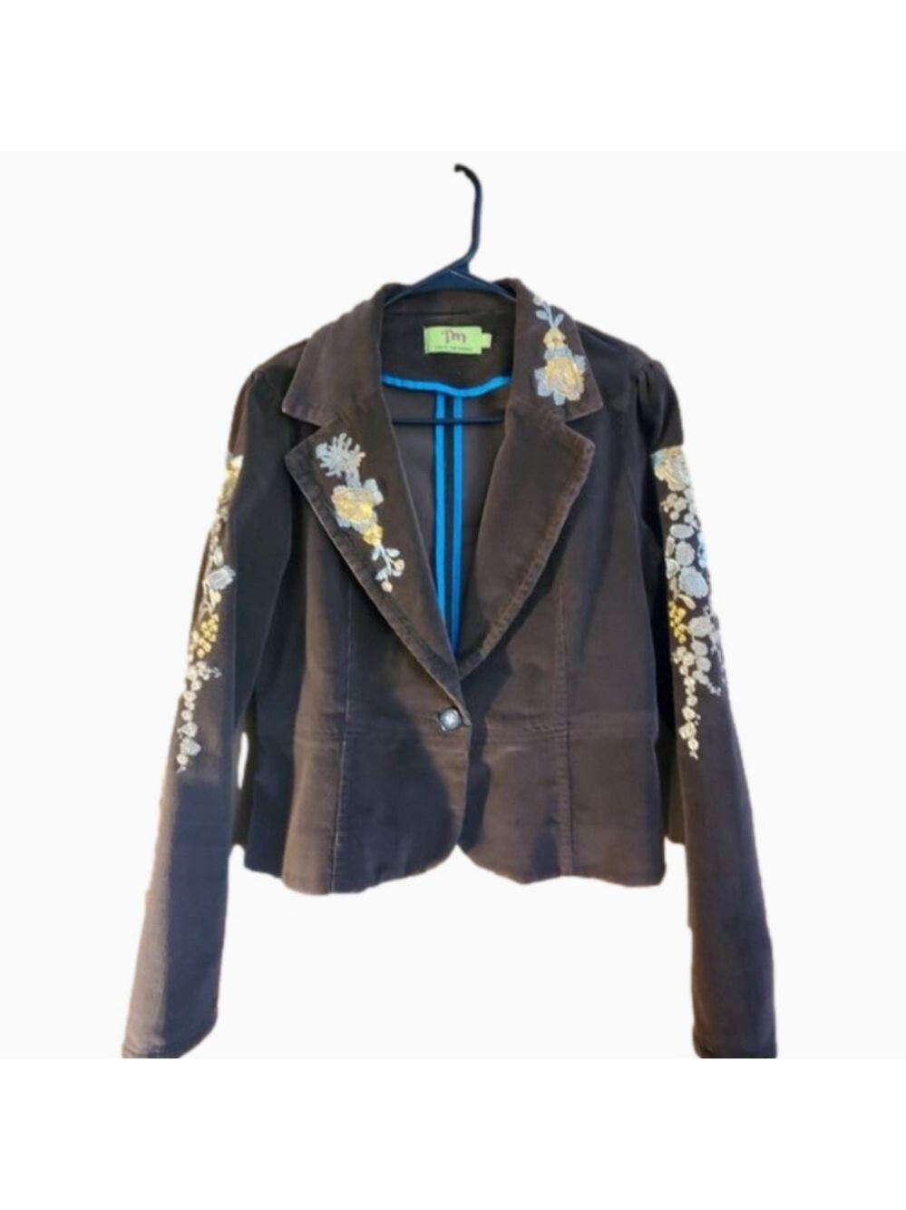 Jacket Lightweight Brown Corduroy with Floral Embroidery Women's Size Large EUC